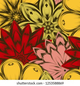 Seamless floral background. Tracery handmade nature ethnic fabric backdrop pattern with flowers. Textile design texture. Decorative color art. Vector