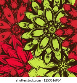 Seamless floral background. Tracery handmade nature ethnic fabric backdrop pattern with flowers. Textile design texture. Decorative color art. Vector