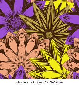 Seamless floral background. Tracery handmade nature ethnic fabric backdrop pattern with flowers. Textile design texture. Decorative color art. Vector