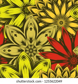 Seamless floral background. Tracery handmade nature ethnic fabric backdrop pattern with flowers. Textile design texture. Decorative color art. Vector