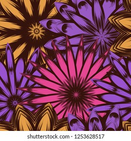 Seamless floral background. Tracery handmade nature ethnic fabric backdrop pattern with flowers. Textile design texture. Decorative color art. Vector