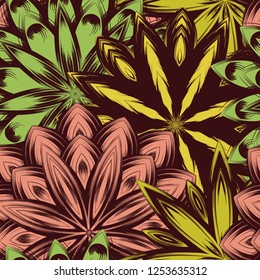 Seamless floral background. Tracery handmade nature ethnic fabric backdrop pattern with flowers. Textile design texture. Decorative color art. Vector