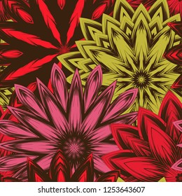 Seamless floral background. Tracery handmade nature ethnic fabric backdrop pattern with flowers. Textile design texture. Decorative color art. Vector