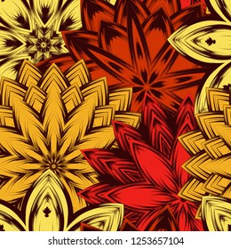 Seamless floral background. Tracery handmade nature ethnic fabric backdrop pattern with flowers. Textile design texture. Decorative color art. Vector