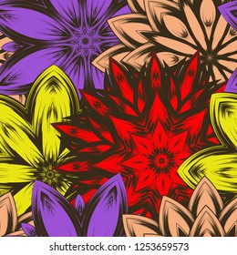 Seamless floral background. Tracery handmade nature ethnic fabric backdrop pattern with flowers. Textile design texture. Decorative color art. Vector