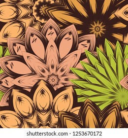 Seamless floral background. Tracery handmade nature ethnic fabric backdrop pattern with flowers. Textile design texture. Decorative color art. Vector