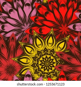 Seamless floral background. Tracery handmade nature ethnic fabric backdrop pattern with flowers. Textile design texture. Decorative color art. Vector
