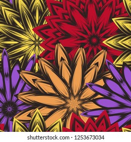 Seamless floral background. Tracery handmade nature ethnic fabric backdrop pattern with flowers. Textile design texture. Decorative color art. Vector