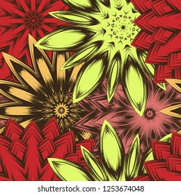 Seamless floral background. Tracery handmade nature ethnic fabric backdrop pattern with flowers. Textile design texture. Decorative color art. Vector