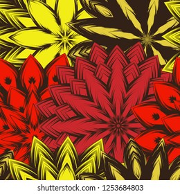 Seamless floral background. Tracery handmade nature ethnic fabric backdrop pattern with flowers. Textile design texture. Decorative color art. Vector