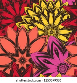 Seamless floral background. Tracery handmade nature ethnic fabric backdrop pattern with flowers. Textile design texture. Decorative color art. Vector