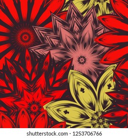 Seamless floral background. Tracery handmade nature ethnic fabric backdrop pattern with flowers. Textile design texture. Decorative color art. Vector