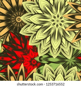 Seamless floral background. Tracery handmade nature ethnic fabric backdrop pattern with flowers. Textile design texture. Decorative color art. Vector