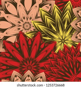 Seamless floral background. Tracery handmade nature ethnic fabric backdrop pattern with flowers. Textile design texture. Decorative color art. Vector