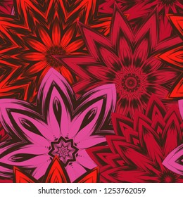 Seamless floral background. Tracery handmade nature ethnic fabric backdrop pattern with flowers. Textile design texture. Decorative color art. Vector
