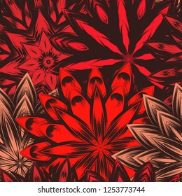 Seamless floral background. Tracery handmade nature ethnic fabric backdrop pattern with flowers. Textile design texture. Decorative color art. Vector