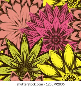 Seamless floral background. Tracery handmade nature ethnic fabric backdrop pattern with flowers. Textile design texture. Decorative color art. Vector