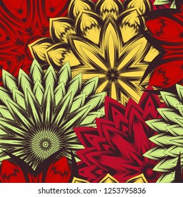 Seamless floral background. Tracery handmade nature ethnic fabric backdrop pattern with flowers. Textile design texture. Decorative color art. Vector