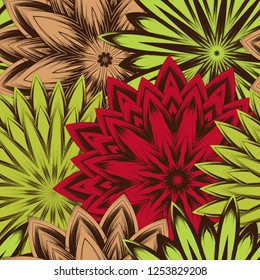 Seamless floral background. Tracery handmade nature ethnic fabric backdrop pattern with flowers. Textile design texture. Decorative color art. Vector