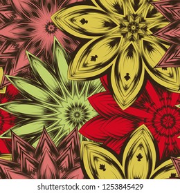 Seamless floral background. Tracery handmade nature ethnic fabric backdrop pattern with flowers. Textile design texture. Decorative color art. Vector