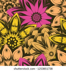 Seamless floral background. Tracery handmade nature ethnic fabric backdrop pattern with flowers. Textile design texture. Decorative color art. Vector