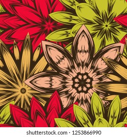 Seamless floral background. Tracery handmade nature ethnic fabric backdrop pattern with flowers. Textile design texture. Decorative color art. Vector