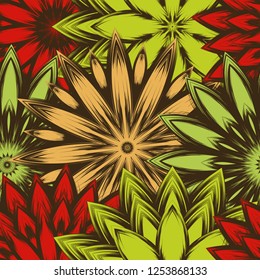Seamless floral background. Tracery handmade nature ethnic fabric backdrop pattern with flowers. Textile design texture. Decorative color art. Vector
