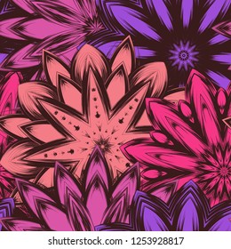 Seamless floral background. Tracery handmade nature ethnic fabric backdrop pattern with flowers. Textile design texture. Decorative color art. Vector
