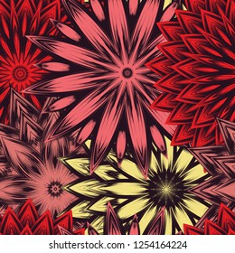 Seamless floral background. Tracery handmade nature ethnic fabric backdrop pattern with flowers. Textile design texture. Decorative color art. Vector