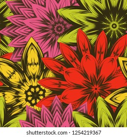 Seamless floral background. Tracery handmade nature ethnic fabric backdrop pattern with flowers. Textile design texture. Decorative color art. Vector