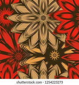 Seamless floral background. Tracery handmade nature ethnic fabric backdrop pattern with flowers. Textile design texture. Decorative color art. Vector