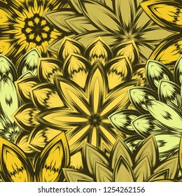 Seamless floral background. Tracery handmade nature ethnic fabric backdrop pattern with flowers. Textile design texture. Decorative color art. Vector