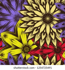 Seamless floral background. Tracery handmade nature ethnic fabric backdrop pattern with flowers. Textile design texture. Decorative color art. Vector