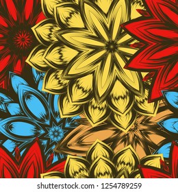 Seamless floral background. Tracery handmade nature ethnic fabric backdrop pattern with flowers. Textile design texture. Decorative color art. Vector
