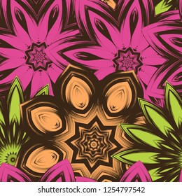Seamless floral background. Tracery handmade nature ethnic fabric backdrop pattern with flowers. Textile design texture. Decorative color art. Vector