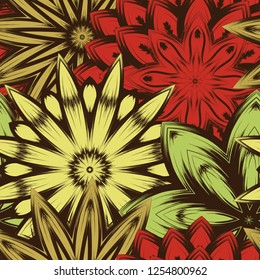 Seamless floral background. Tracery handmade nature ethnic fabric backdrop pattern with flowers. Textile design texture. Decorative color art. Vector