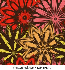 Seamless floral background. Tracery handmade nature ethnic fabric backdrop pattern with flowers. Textile design texture. Decorative color art. Vector
