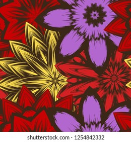 Seamless floral background. Tracery handmade nature ethnic fabric backdrop pattern with flowers. Textile design texture. Decorative color art. Vector