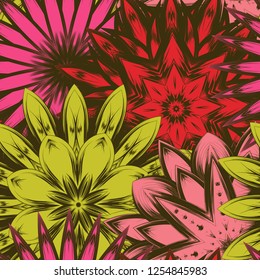Seamless floral background. Tracery handmade nature ethnic fabric backdrop pattern with flowers. Textile design texture. Decorative color art. Vector