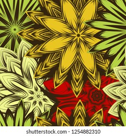 Seamless floral background. Tracery handmade nature ethnic fabric backdrop pattern with flowers. Textile design texture. Decorative color art. Vector