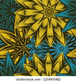 Seamless floral background. Tracery handmade nature ethnic fabric backdrop pattern with flowers. Textile design texture. Decorative color art. Vector