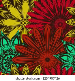 Seamless floral background. Tracery handmade nature ethnic fabric backdrop pattern with flowers. Textile design texture. Decorative color art. Vector
