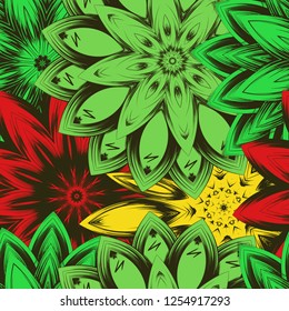 Seamless floral background. Tracery handmade nature ethnic fabric backdrop pattern with flowers. Textile design texture. Decorative color art. Vector