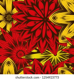 Seamless floral background. Tracery handmade nature ethnic fabric backdrop pattern with flowers. Textile design texture. Decorative color art. Vector