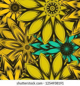 Seamless floral background. Tracery handmade nature ethnic fabric backdrop pattern with flowers. Textile design texture. Decorative color art. Vector