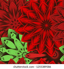 Seamless floral background. Tracery handmade nature ethnic fabric backdrop pattern with flowers. Textile design texture. Decorative color art. Vector