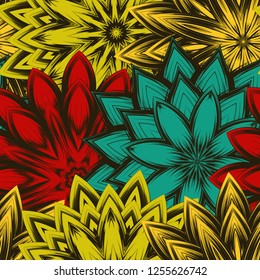 Seamless floral background. Tracery handmade nature ethnic fabric backdrop pattern with flowers. Textile design texture. Decorative color art. Vector