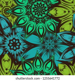 Seamless floral background. Tracery handmade nature ethnic fabric backdrop pattern with flowers. Textile design texture. Decorative color art. Vector