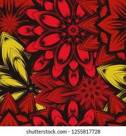 Seamless floral background. Tracery handmade nature ethnic fabric backdrop pattern with flowers. Textile design texture. Decorative color art. Vector