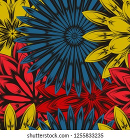 Seamless floral background. Tracery handmade nature ethnic fabric backdrop pattern with flowers. Textile design texture. Decorative color art. Vector